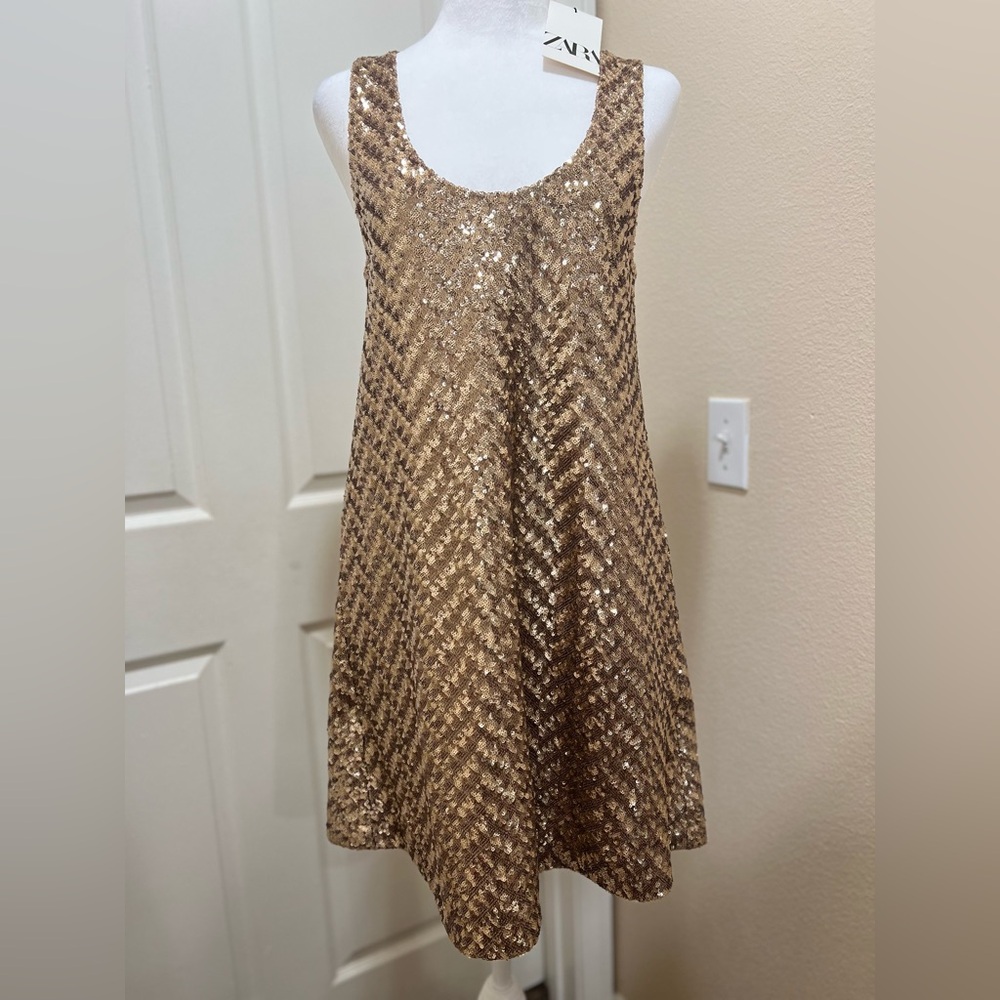 ZARA NWT WOMAN SEQUIN KNIT MINI DRESS GOLDEN - Size Small